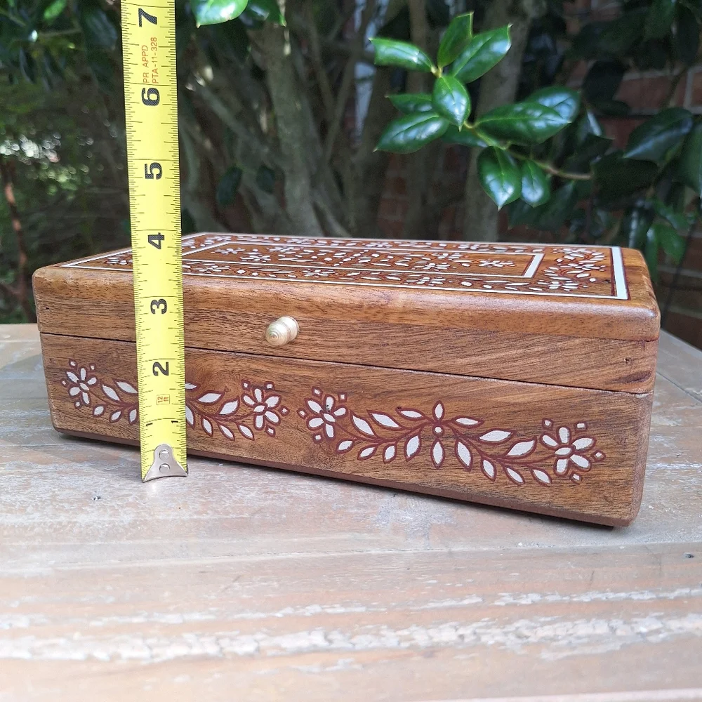 Wooden Box with Hinged Lid Jewelry  Trinket Box Rectangle Table Top Gold Handle